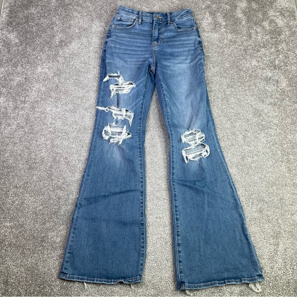 American Eagle Jeans Women’s 0 Blue Flare Curvy High Rise Light Denim Distressed - Picture 1 of 12